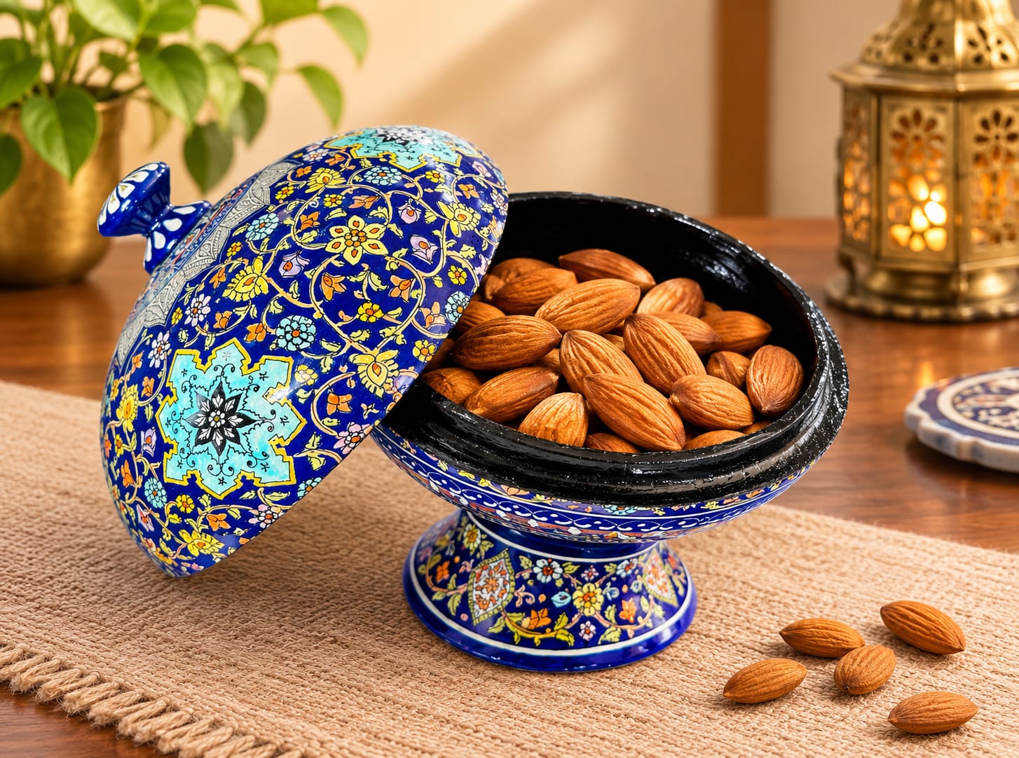 Hand Painted Fruit Bowl, handmade kashmiri Paper Mache Bowl with Lid  . Carpet design fruit bowl 